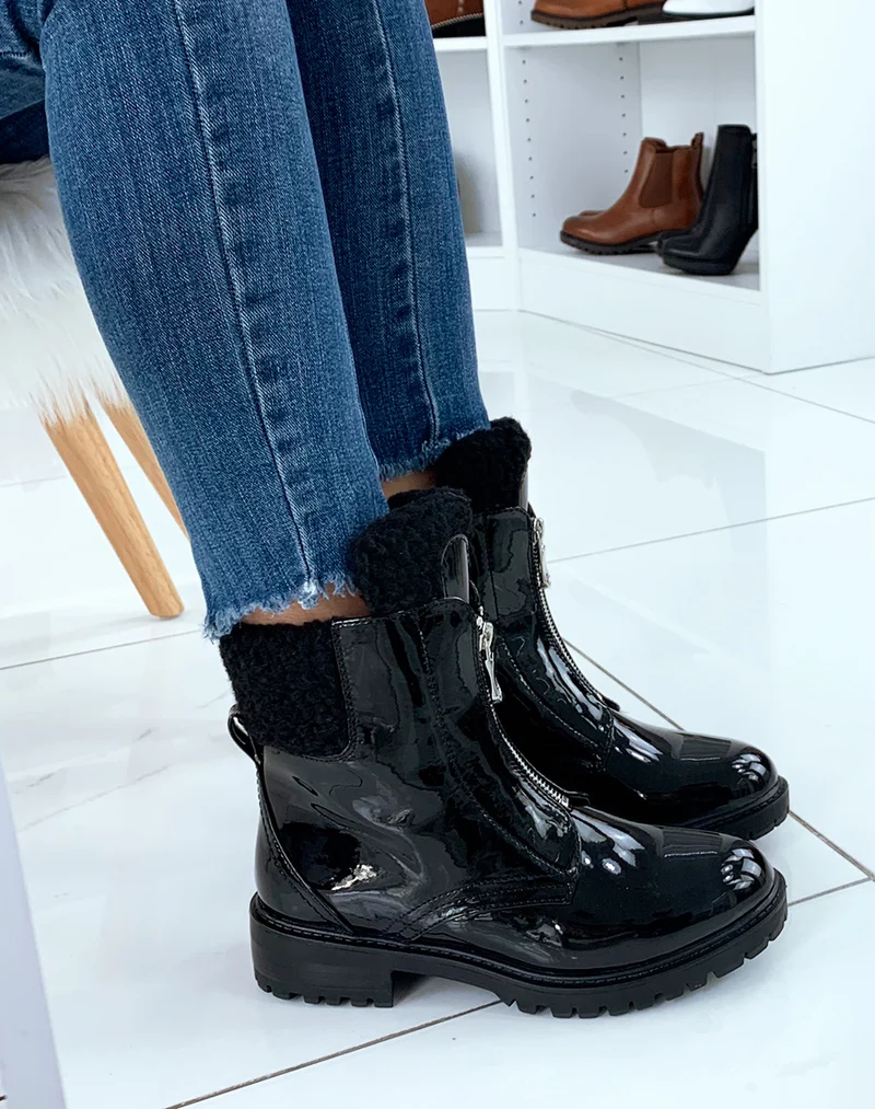 Bottines vernies noires montantes fourrées