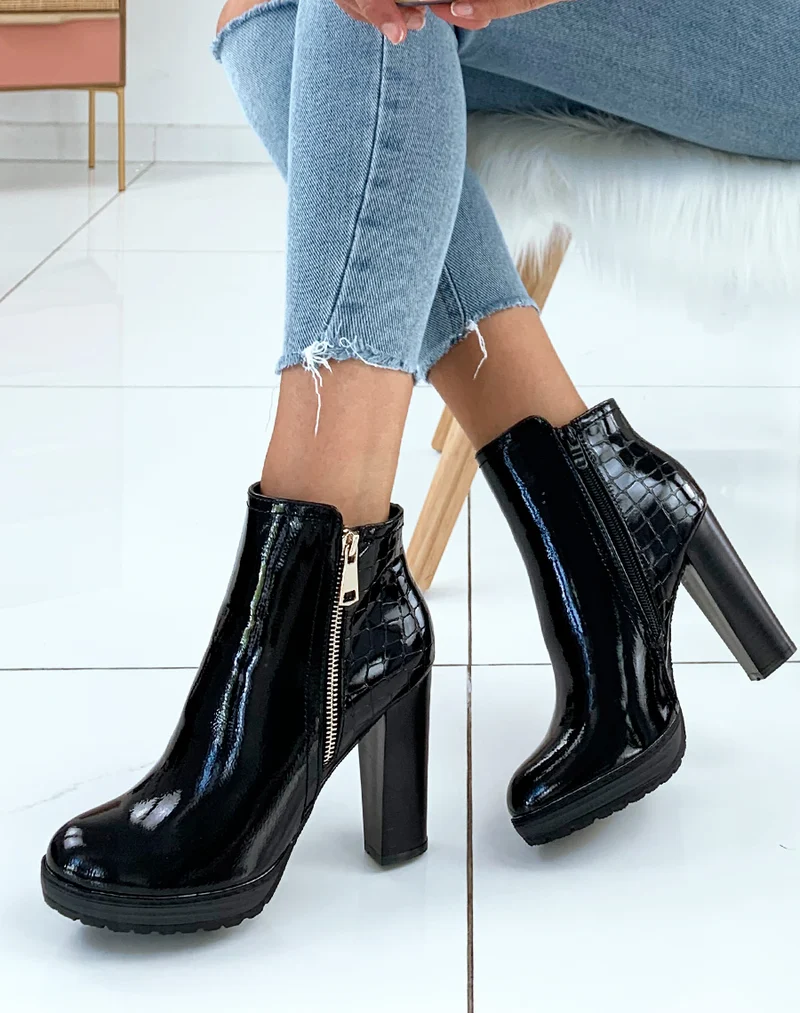 Bottines noir vernis effet croco à talon