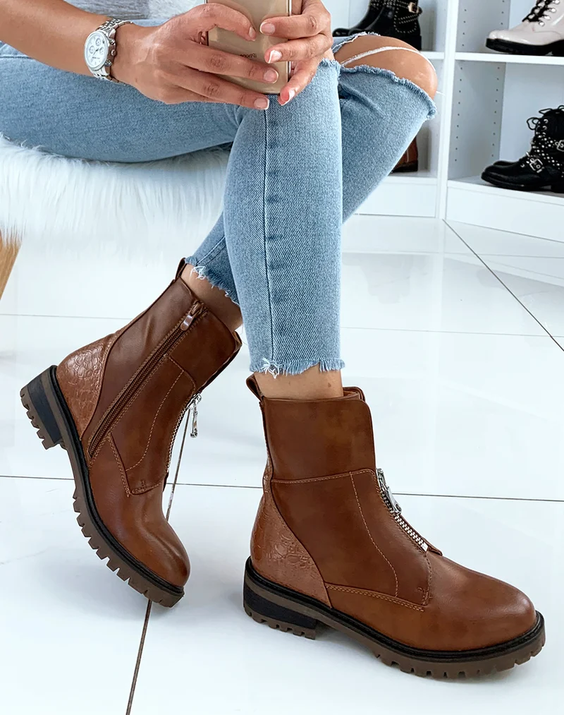 Bottines camel languette matelassé