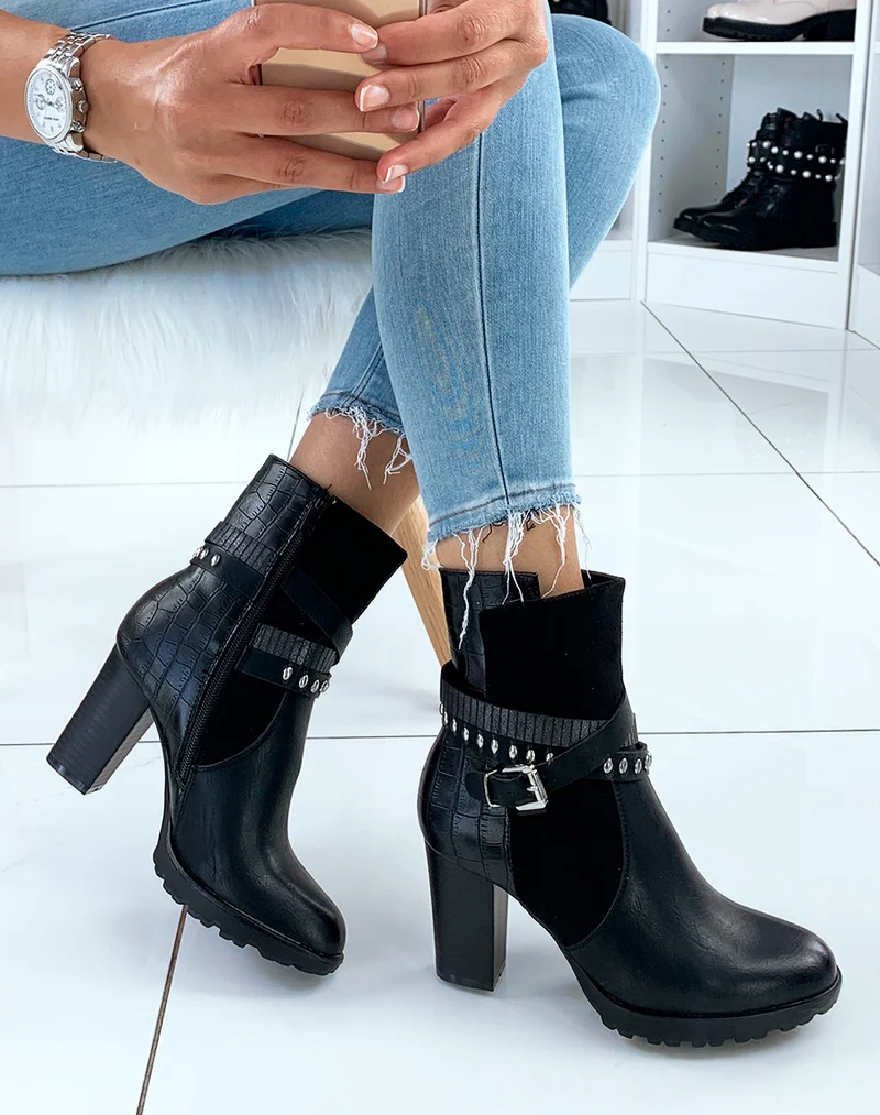 Bottines en bi-matières noires à talons et multiples lanières entrecroisées