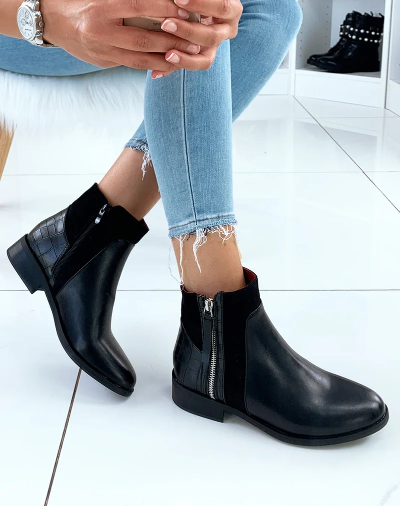 Bottines basses noires bi-matières et à fermetures argentées