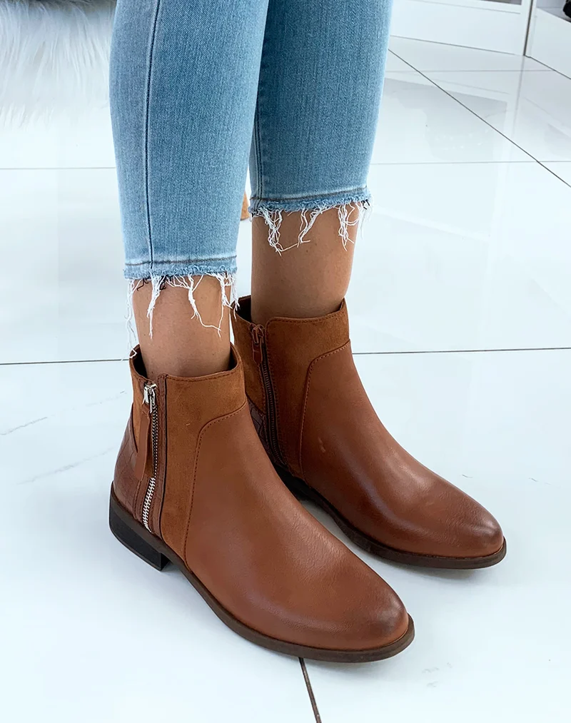 Bottines basses camel bi-matières et à fermetures argentées
