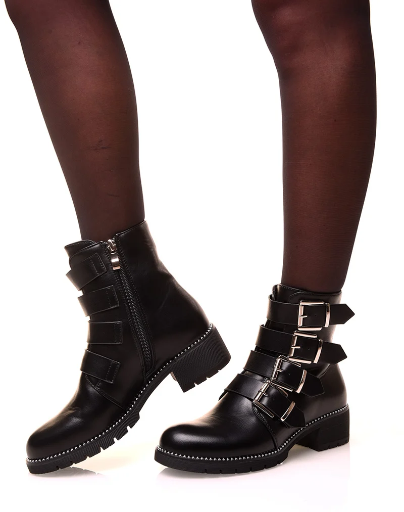 Bottines montantes noires à multiples lanières ajourées de clous