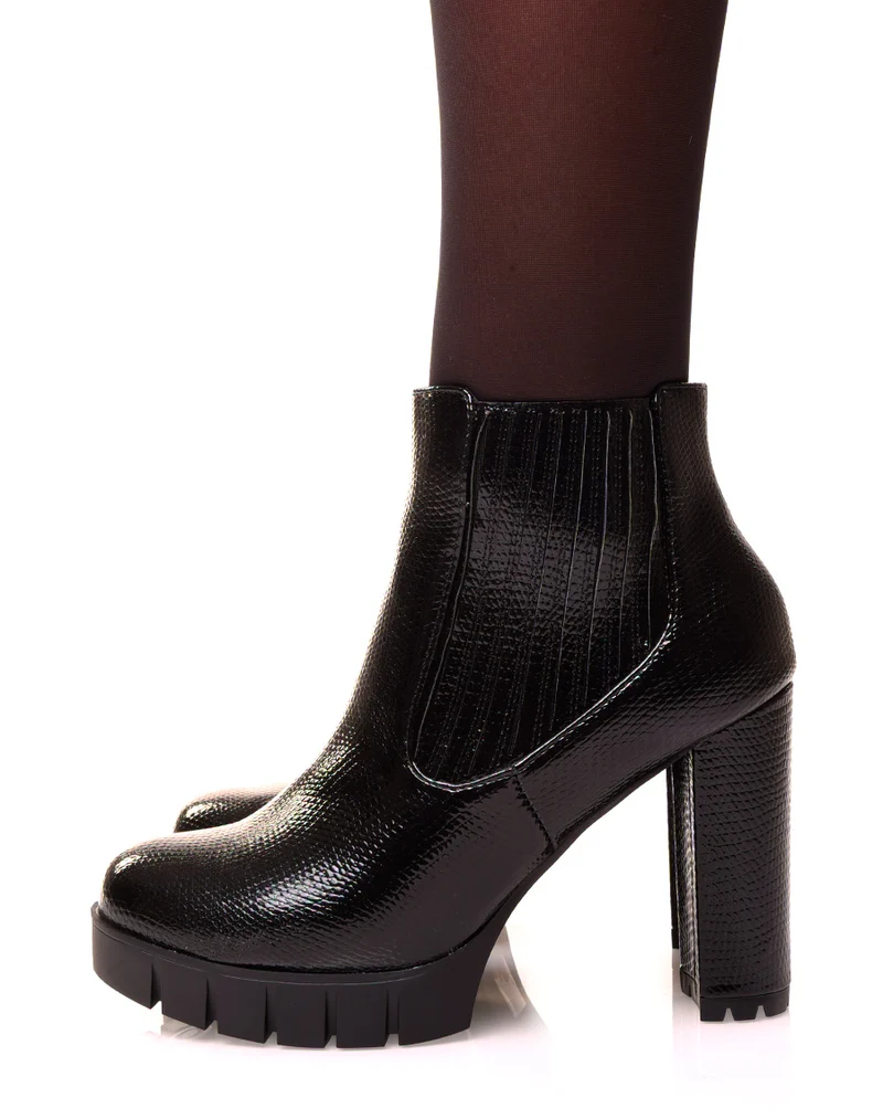 Bottines noires effet croco vernies à talons