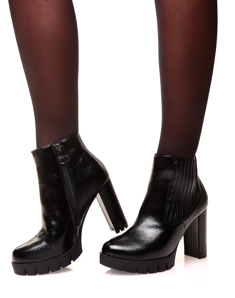 Bottines noires effet croco vernies à talons