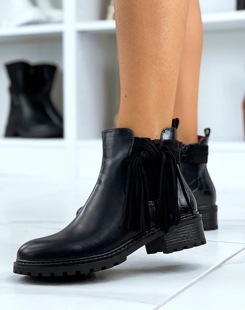 Chelsea boots noires bi-matière à frange