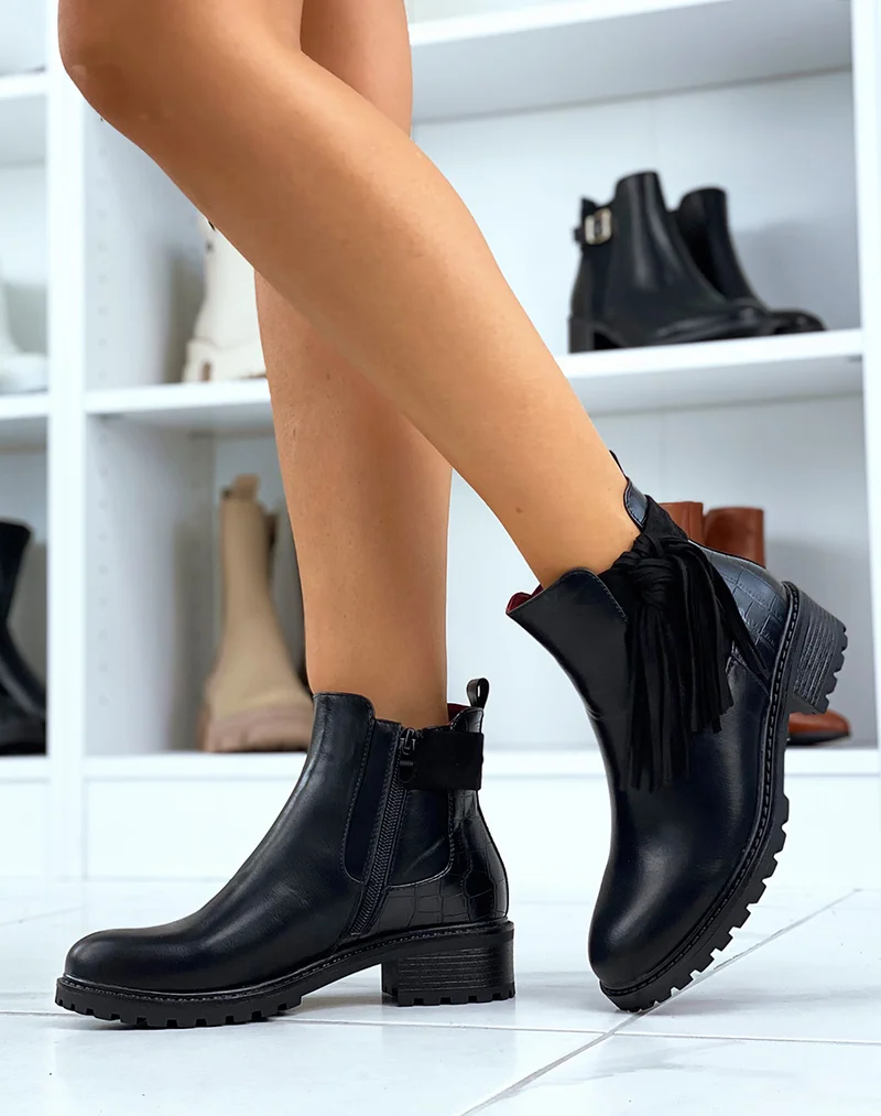 Chelsea boots noires bi-matière à frange