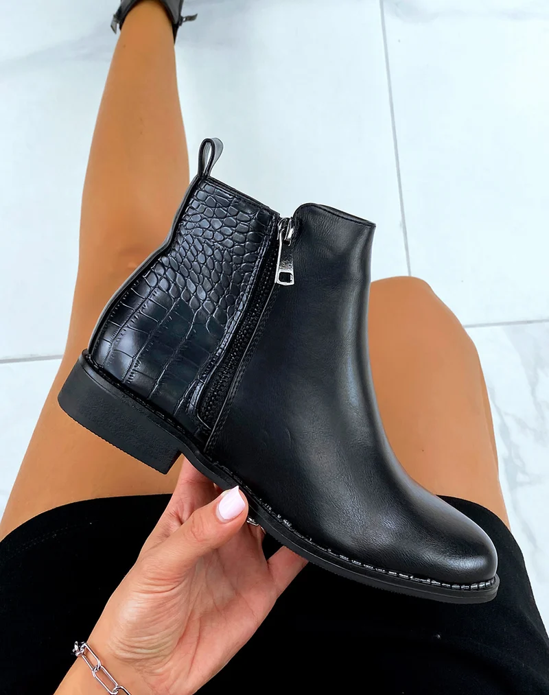 Bottines noires effet croco