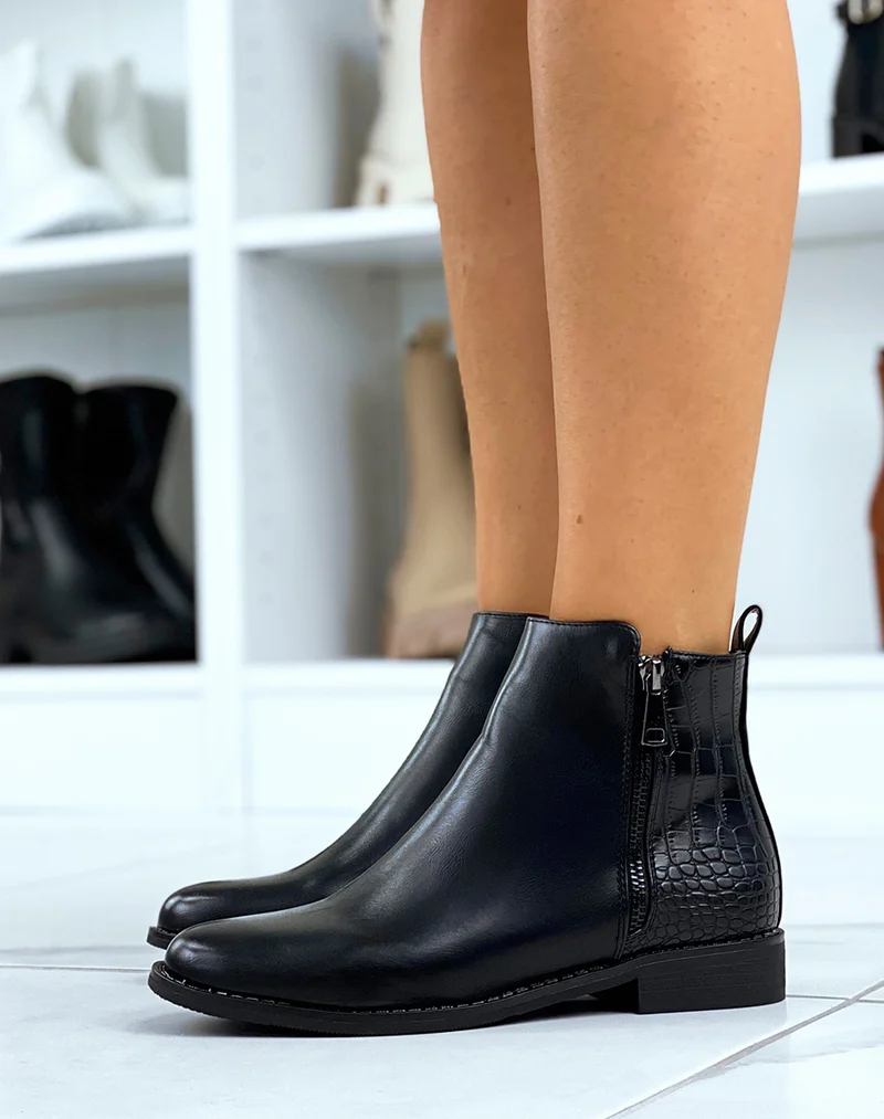Bottines noires effet croco