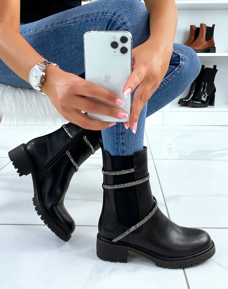 Chelsea boots noires à liseré à strass