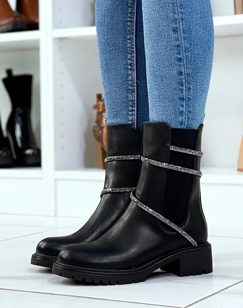 Chelsea boots noires à liseré à strass