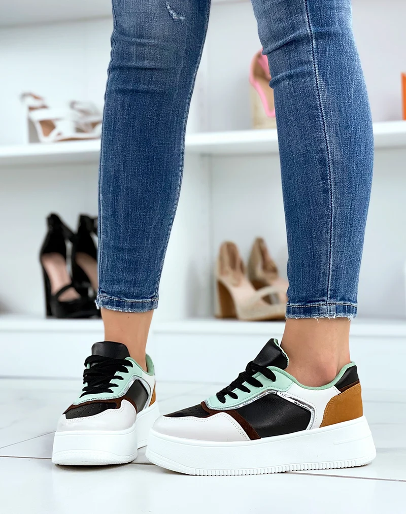 Baskets noires beiges vert d?eau et camel
