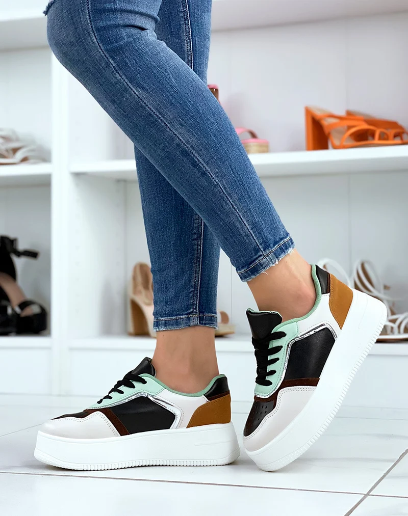 Baskets noires beiges vert d?eau et camel