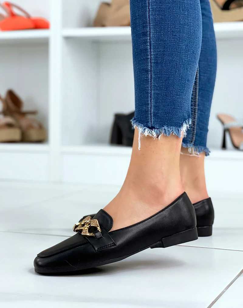 Mocassins noirs à chaîne dorée à strass