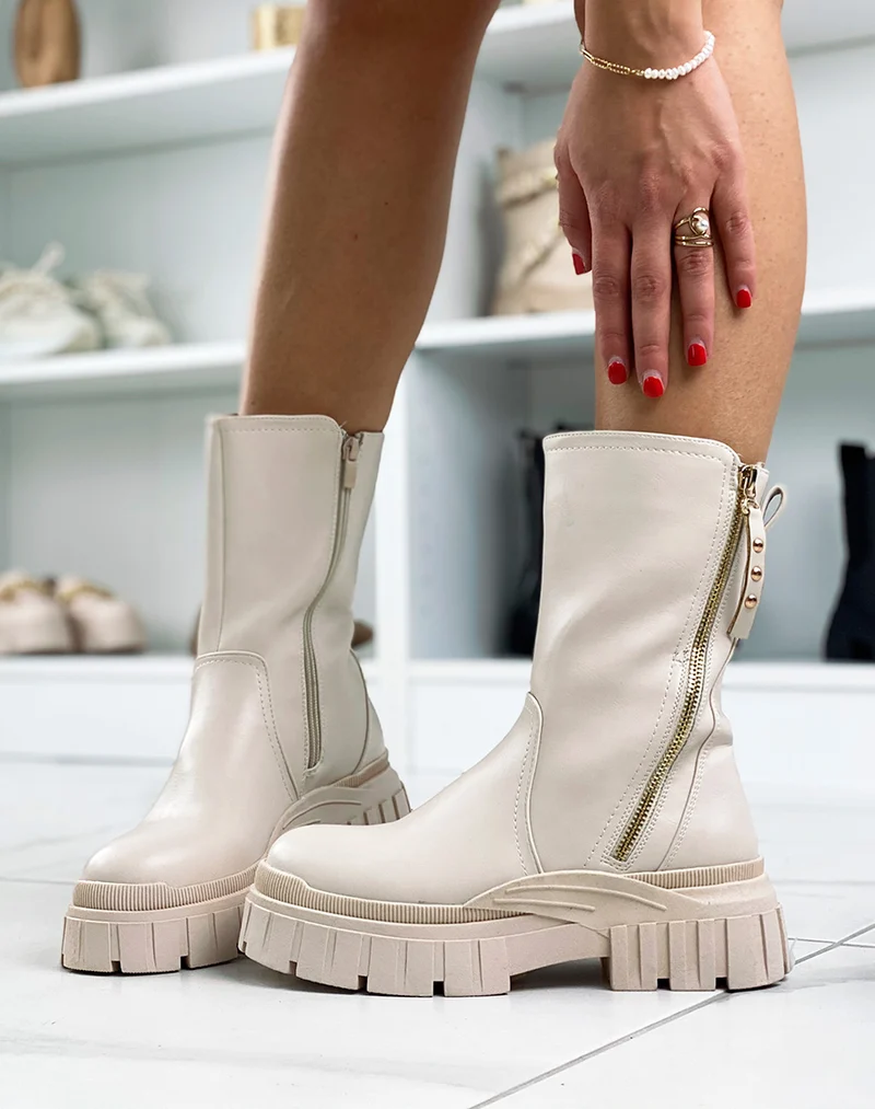 Bottines hautes beiges à zip