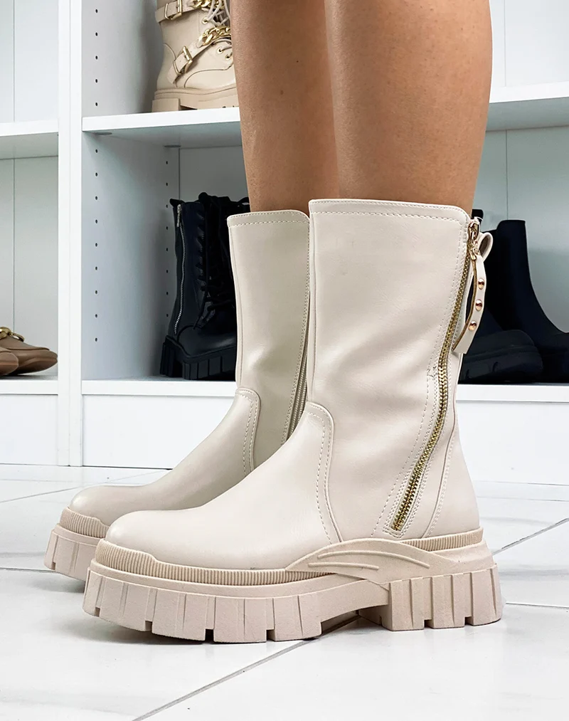 Bottines hautes beiges à zip