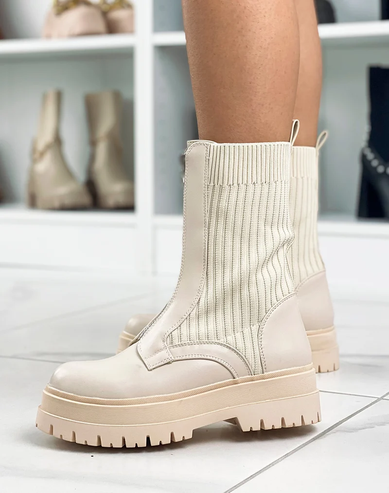 Bottines montantes beiges bi-matière à zip argenté