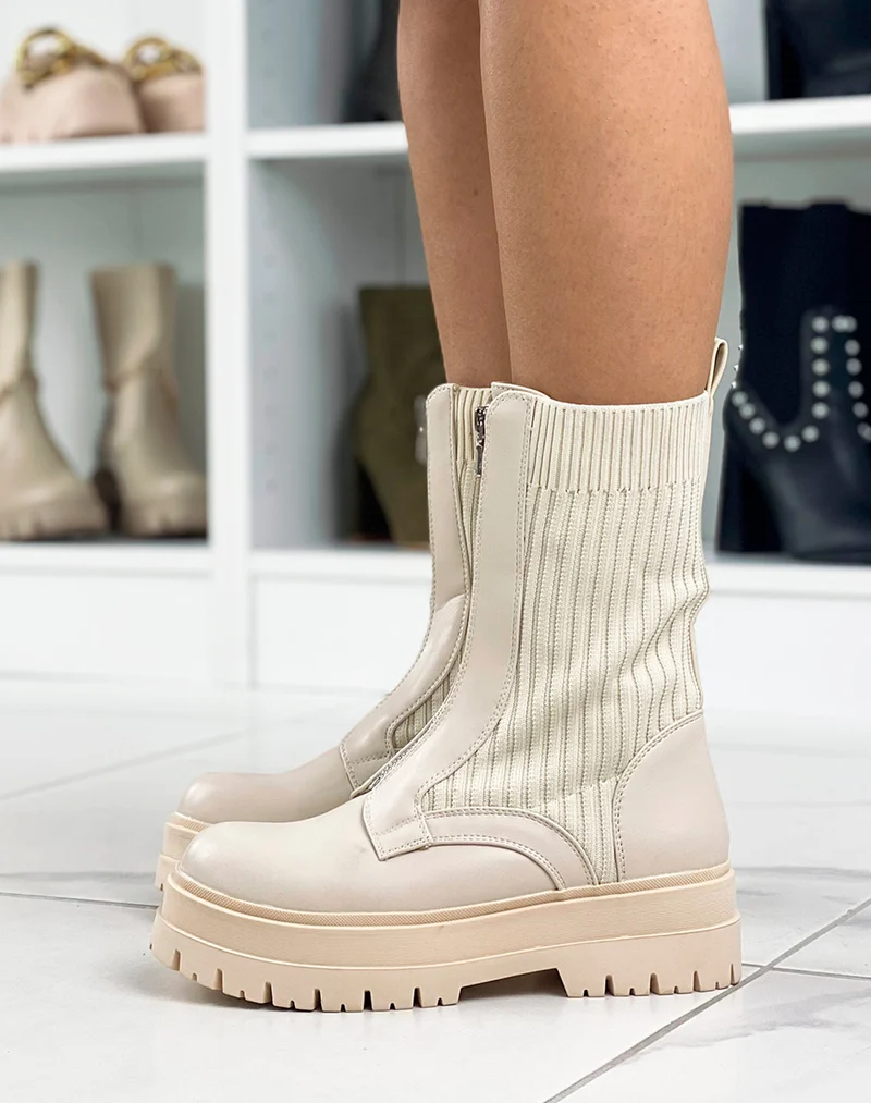 Bottines montantes beiges bi-matière à zip argenté