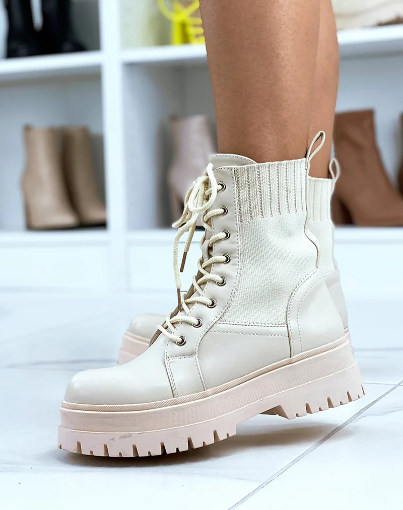 Bottines beiges montantes bi-matières