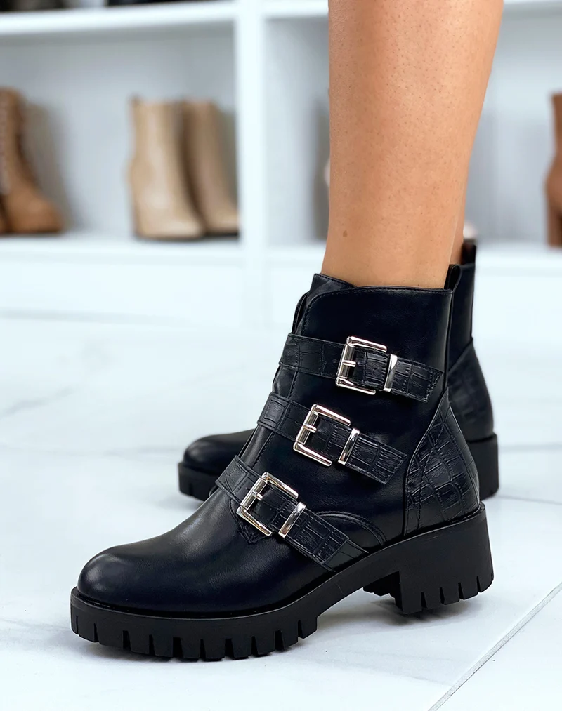 Bottines noires à multiples sangles en effet croco
