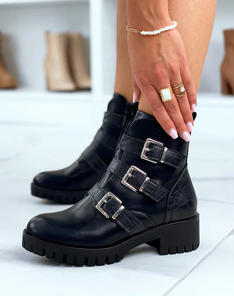 Bottines noires à multiples sangles en effet croco