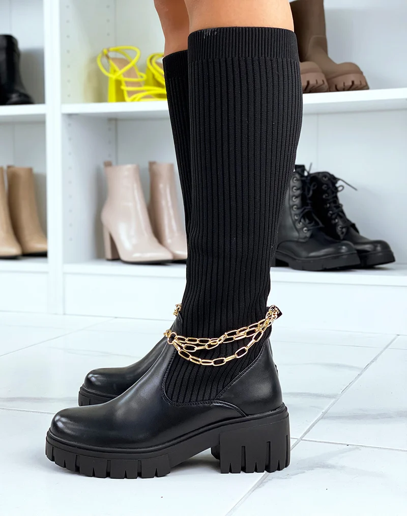 Bottes noires montantes effet chaussette à fines chaines dorées
