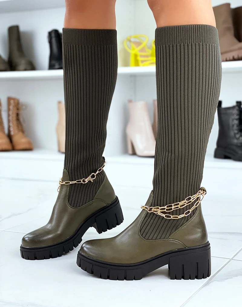 Bottes kakis montantes effet chaussette à fines chaines dorées