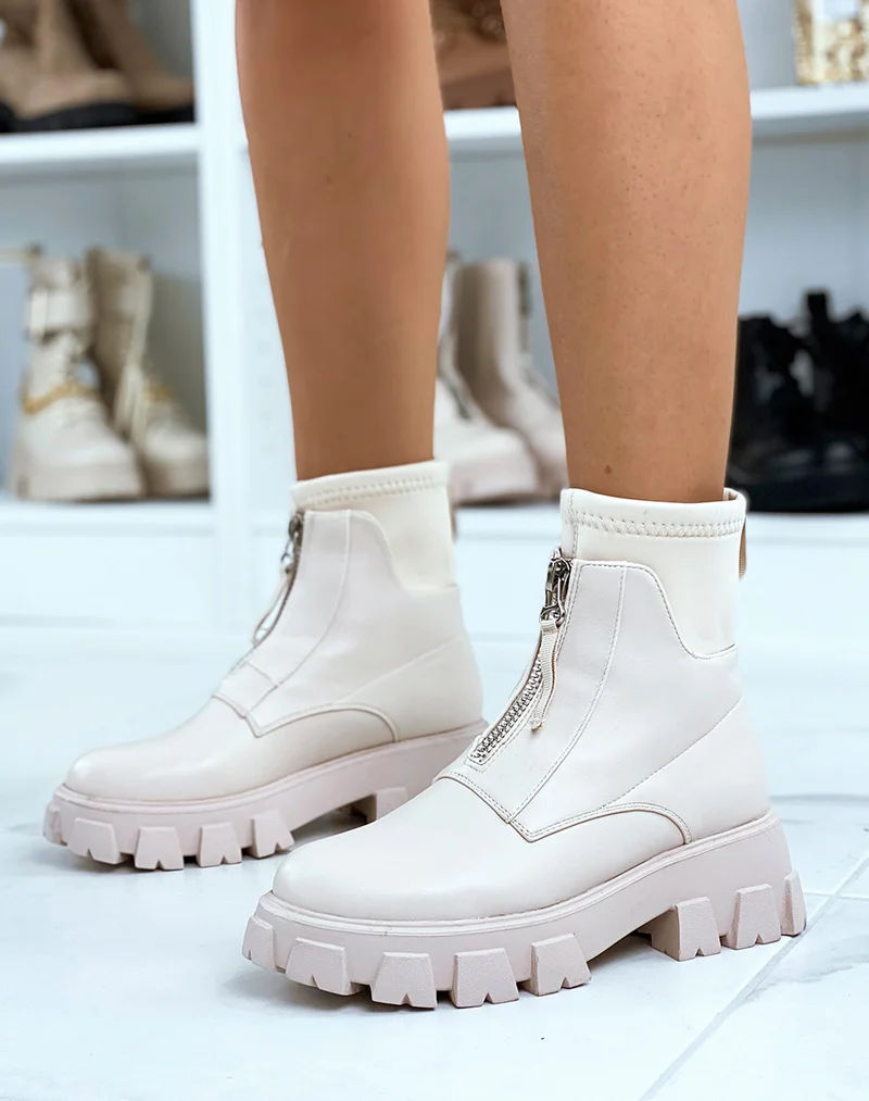 Bottines beiges zipées à grosse semelle crantée effet chaussette