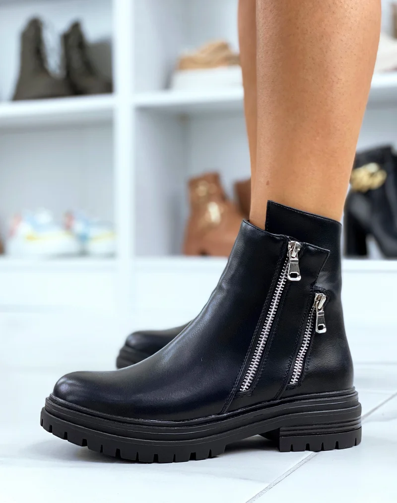 Bottines noires à double zip décoratif