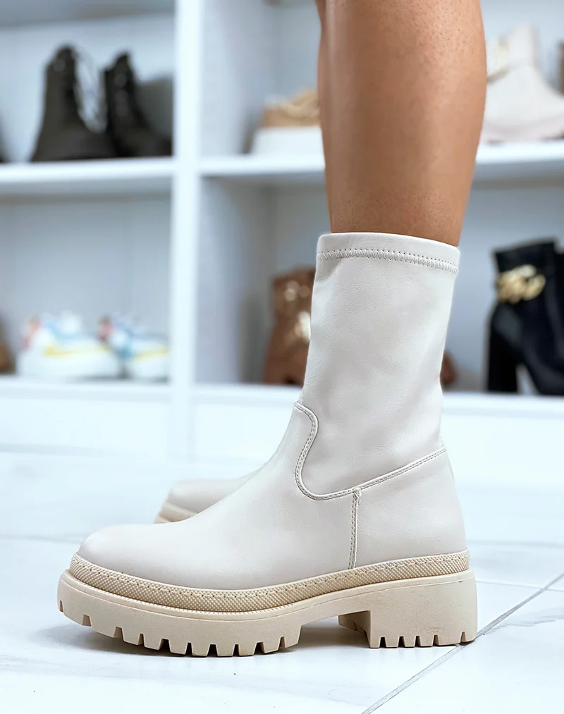Bottines beiges effet chaussette en similicuir