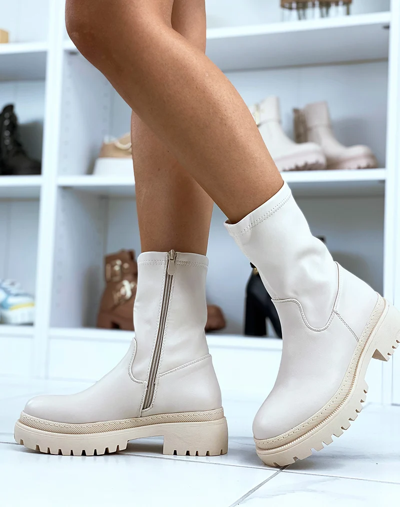 Bottines beiges effet chaussette en similicuir