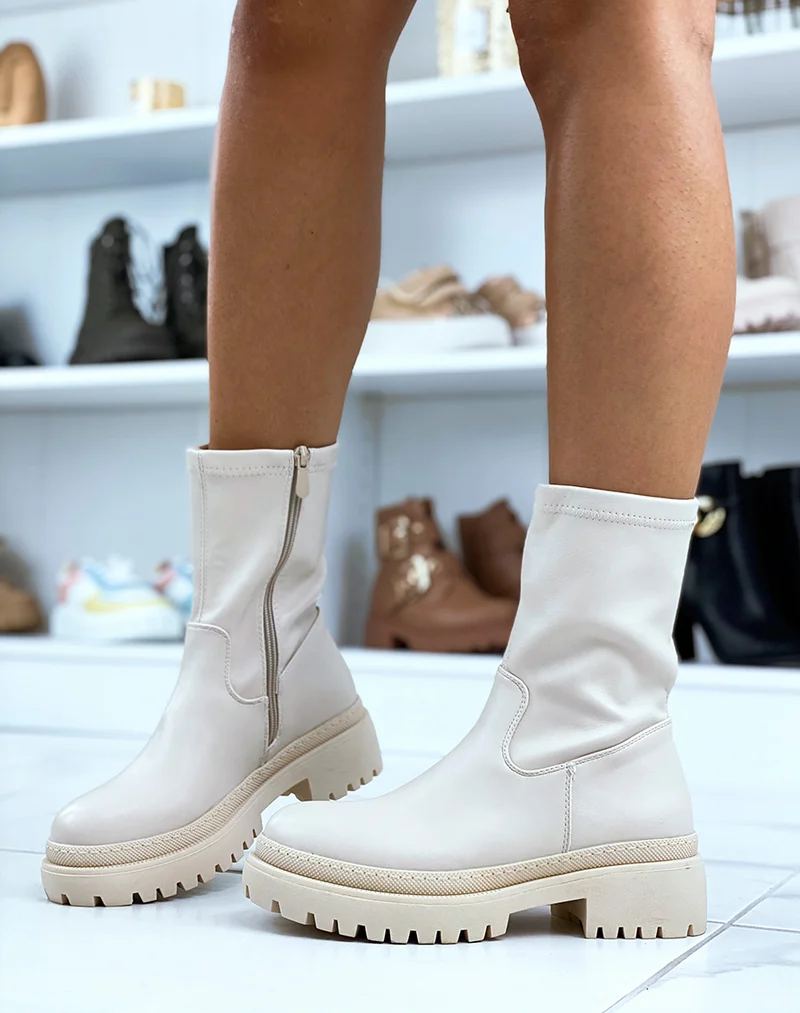 Bottines beiges effet chaussette en similicuir