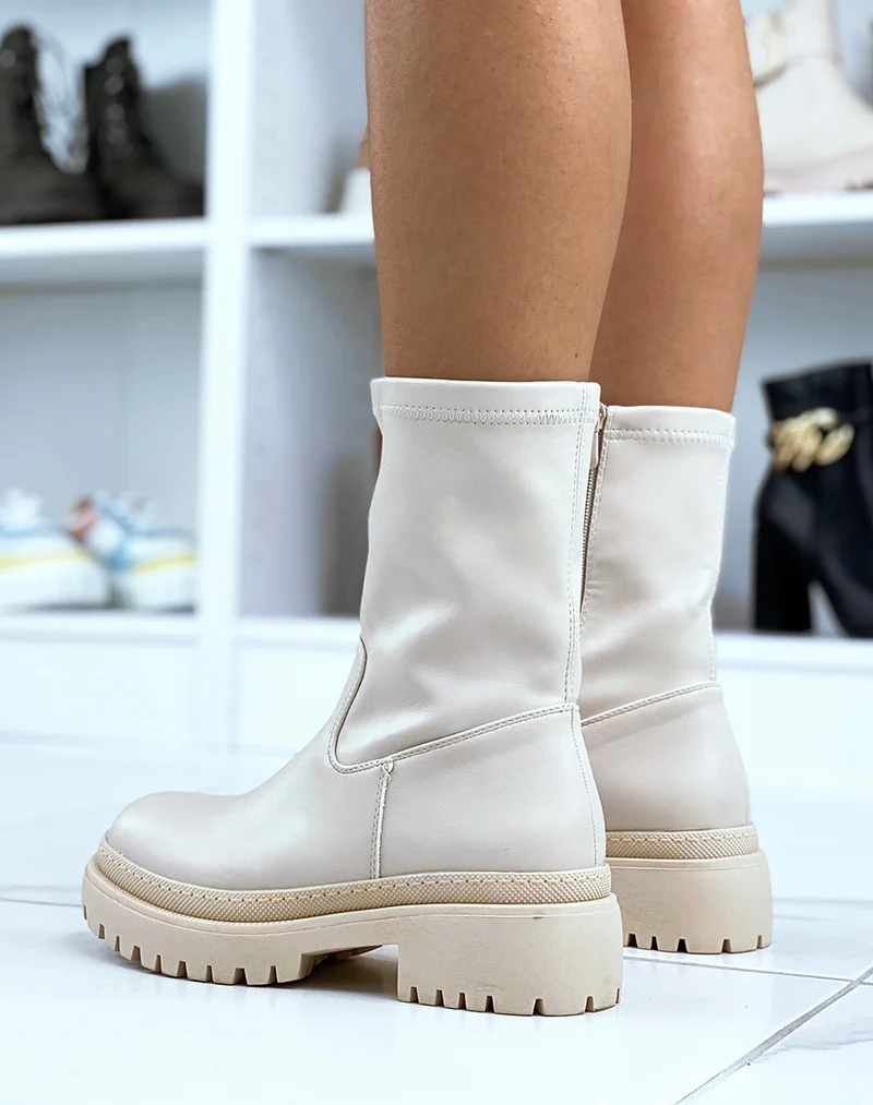 Bottines beiges effet chaussette en similicuir
