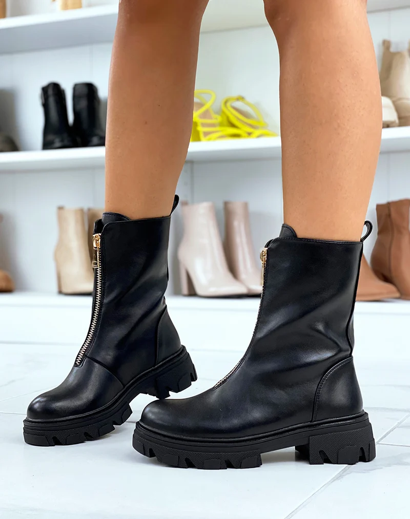 Bottines hautes noires à fermeture dorée