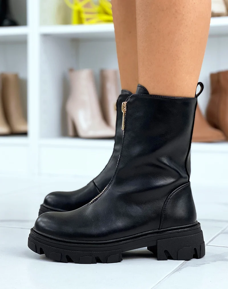 Bottines hautes noires à fermeture dorée