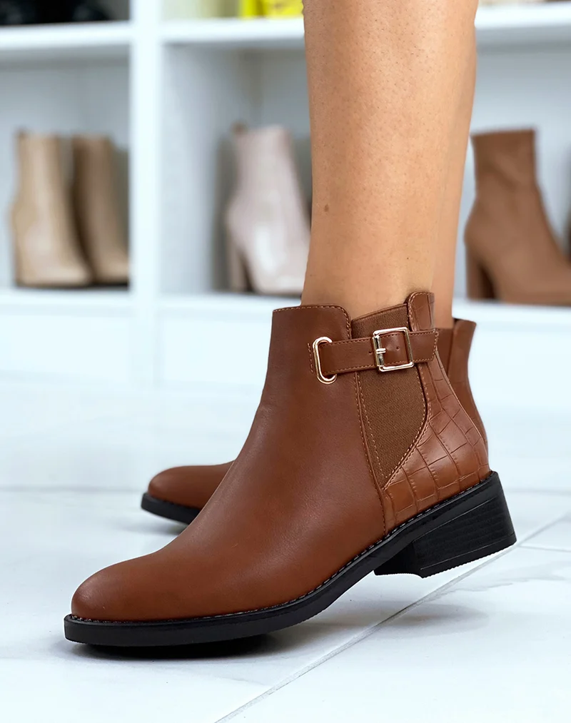 Bottines basses camel effet croco