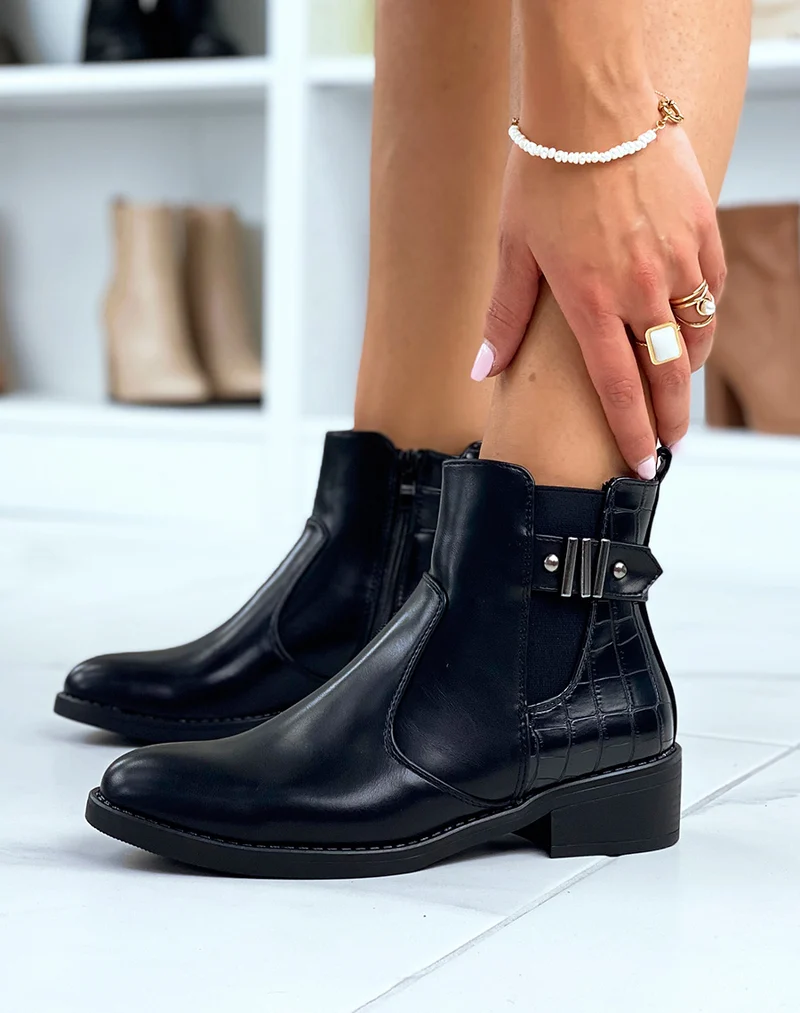 Bottines basses noires avec effet croco