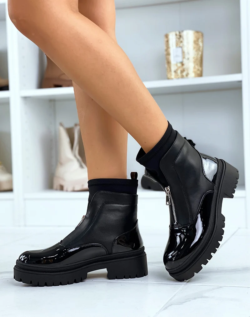 Bottines noires vernies effet chaussette zipées et talonnées