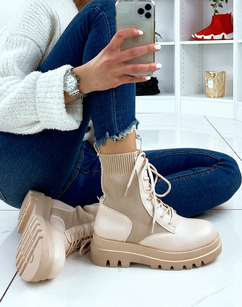 Bottines beiges bi-matières à lacets
