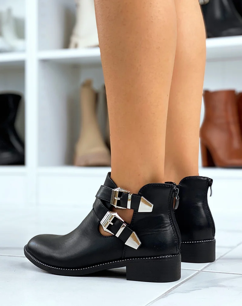 Bottines noires ajourées à sangles entrelacées