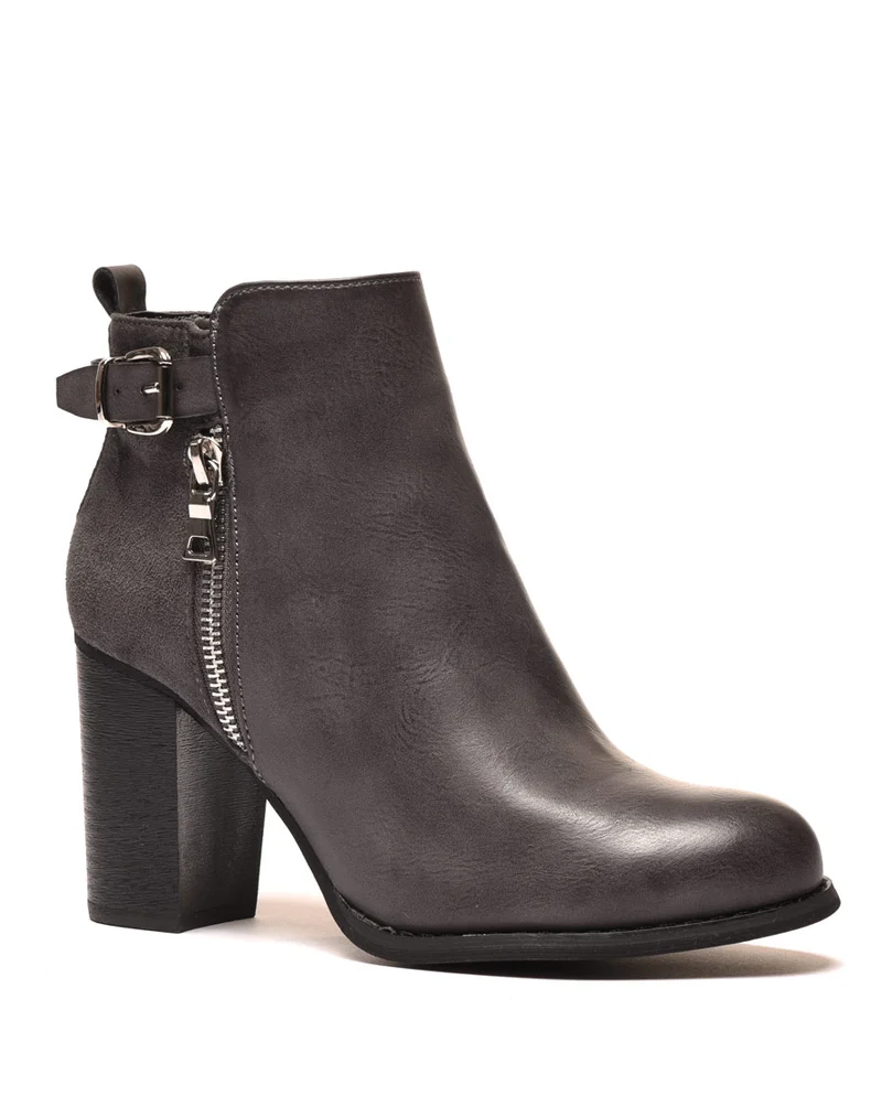 Bottines à talons grises bi matières avec sangle