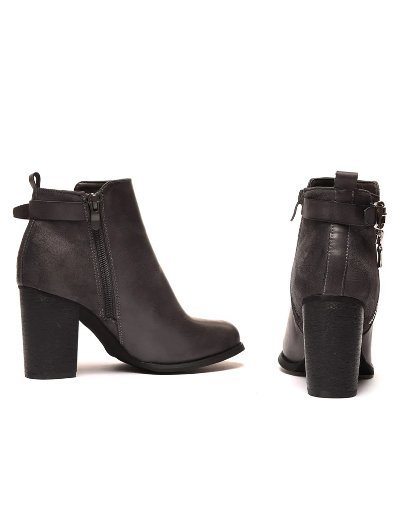 Bottines à talons grises bi matières avec sangle