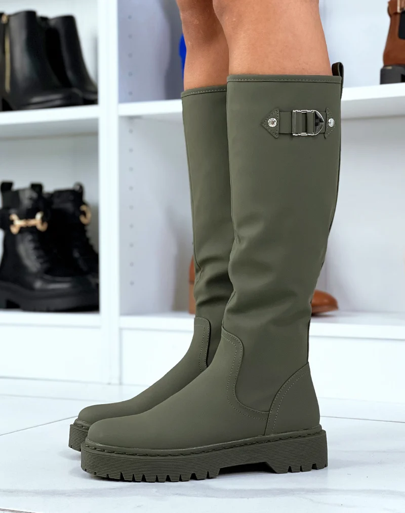 Bottes montantes Kaki à semelles plates à détails argentés
