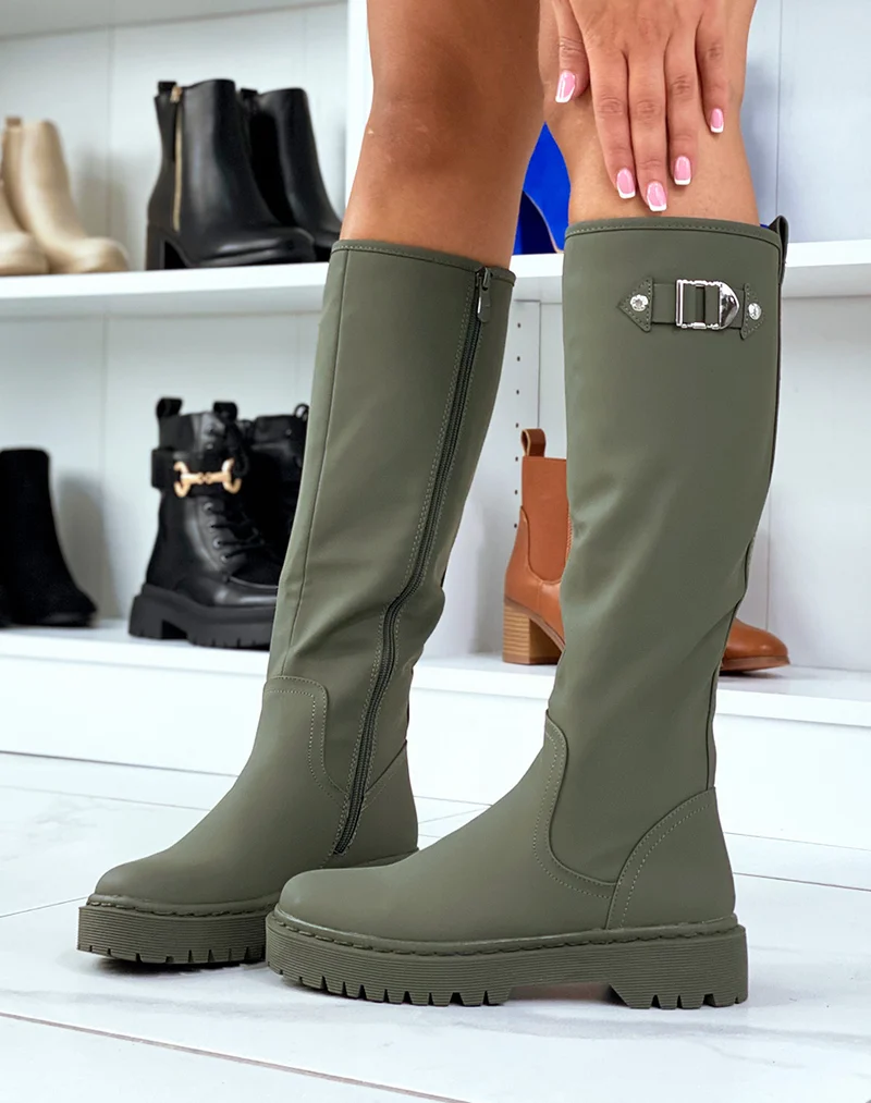 Bottes montantes Kaki à semelles plates à détails argentés