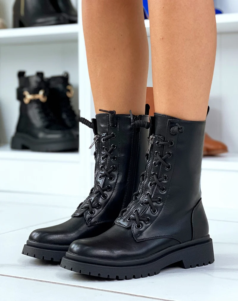 Bottines noires montantes à lacets et à zip avant