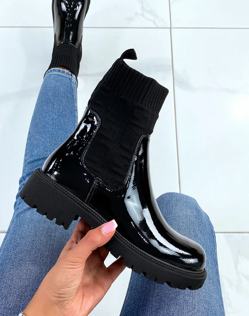 Bottines style chelsea noires vernies effet chaussette