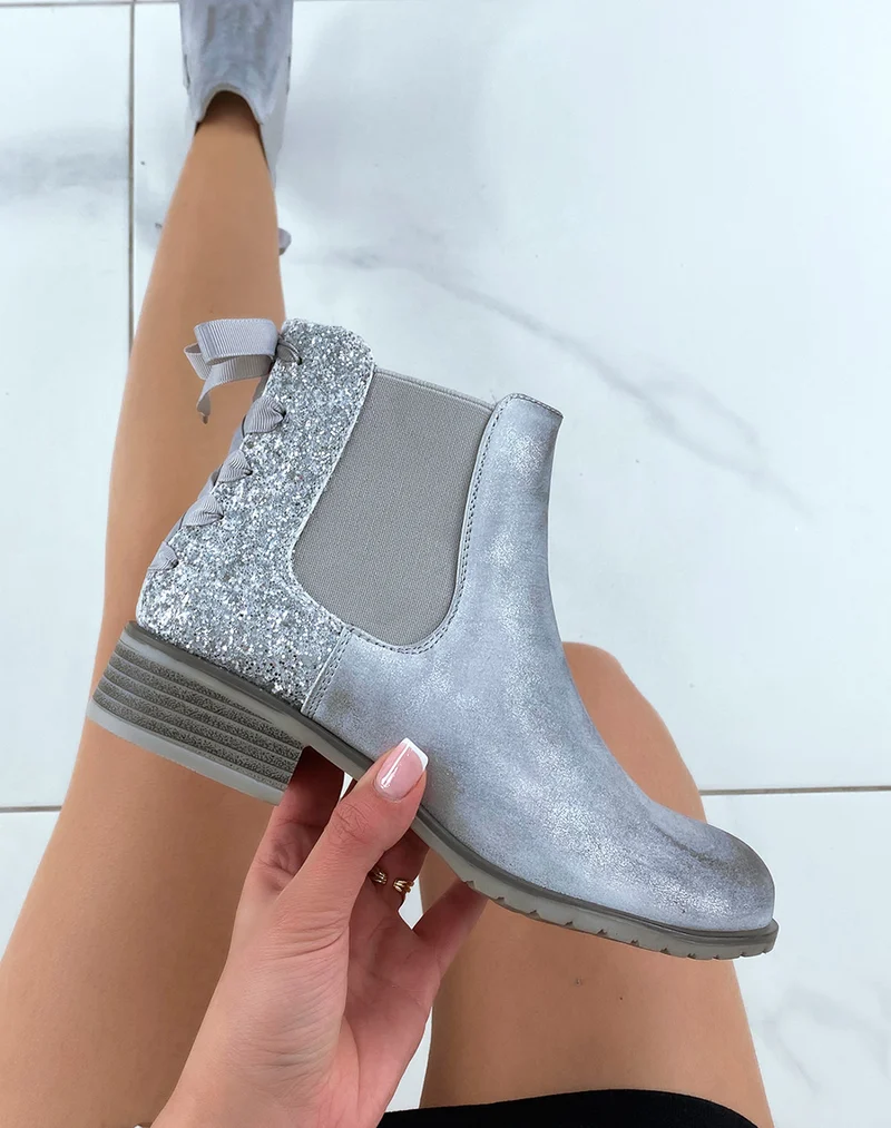 Chelsea boots basses argentées à paillettes et noeud