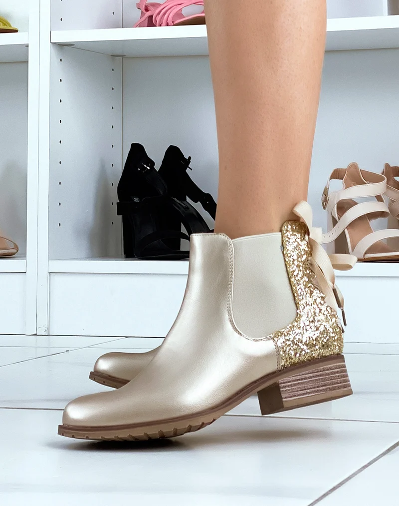 Chelsea boots basses dorées à paillettes et noeud