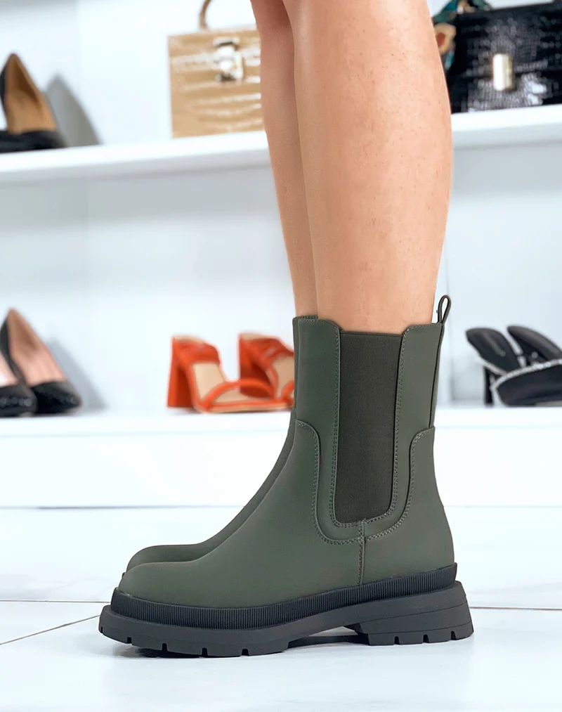 Chelsea boots kakis gommées à empiècements