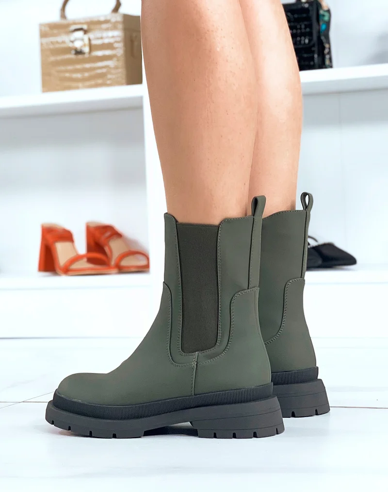 Chelsea boots kakis gommées à empiècements